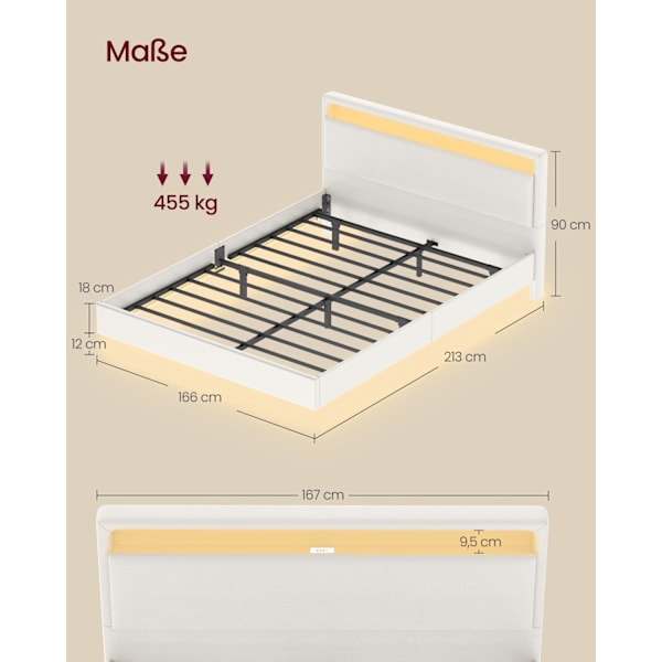 Rootz Bed Frame - Platform Bed - LED -valaistus - Latausasema - tukee 455 kg - 213 cm x 167cm x 90cm - pilvivalkoinen