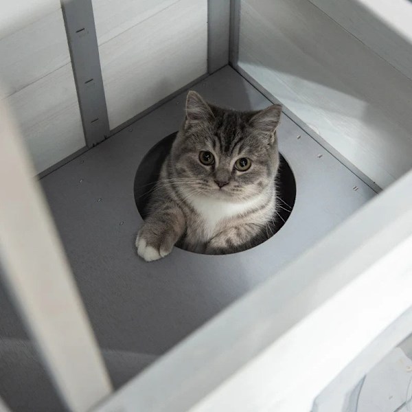 Rootz Cat House - 2-vånings - Väderbeständig - Väderbeständig - Skjutfönster - Massiv träram - Vit + Grå - 123L x 63W x 112H cm