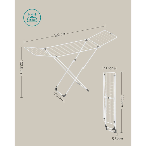 Rootz White Steel PP Plastic Vaskestativ - Tørrestativ til tøj - Tørrestativ - Letvægts - Kompakt - Nem montering - 50 cm x 182 cm x 102,5 cm