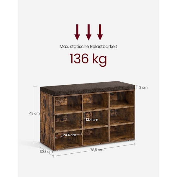 Rootz Vintage Brown kenkäpenkki säilytystilalla - Ottomaanit - Sisääntulopenkki - Lastulevyrakenne - Vaahtomuovipehmuste - Pellavakuori - 30,3 cm x 78