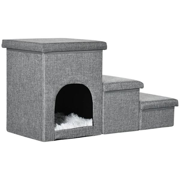 Rootz kæledyrstrapper - Med kæledyrsseng - Med skjult opbevaring - Hundetrappe - Lysegrå - 73,5 cm x 33 cm x 40,5 cm
