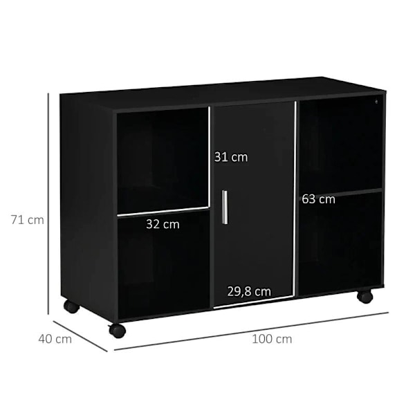 Rootz Printerbord - Printerstander med hjul - Arkivskab - Kontorvogn - Vogn med 4 rum 1 dør - Sort - 100 x 40 x 71 cm