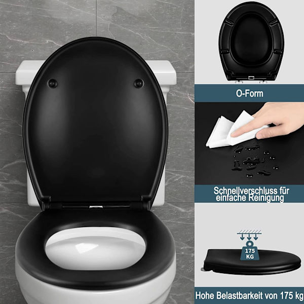 Rootz O-formad toalettsits - Heavy-Duty Toalettlock - Duroplast - Matt Svart/Vit - Soft Close - Snabbkoppling - 44,7cm x 5,5cm x 37,1cm
