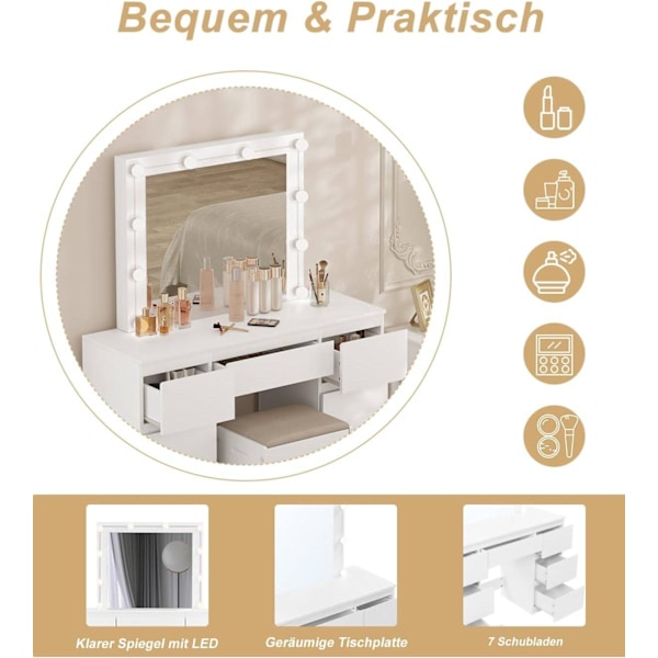 Rootz White Sminkbord - Sminkbord - Sminkbord - Justerbar LED-belysning - Gott om förvaring - Hållbar design - 110 cm x 140,5 cm x 39,5 cm