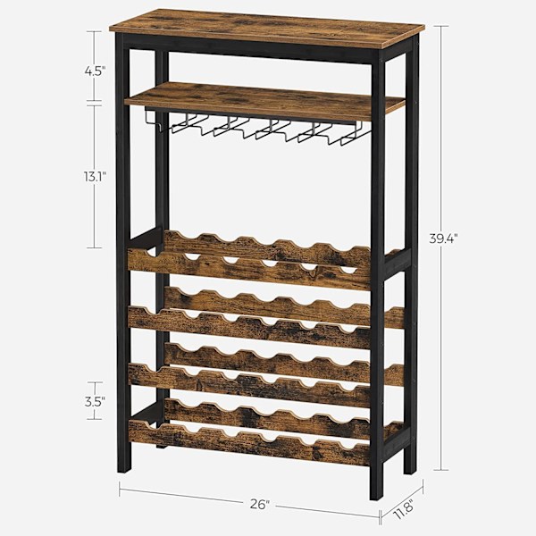 Rootz vinreol med glasholdere - vinholder - flaskereol - stående - industriel - brun og sort - 66 x 30 x 100 cm