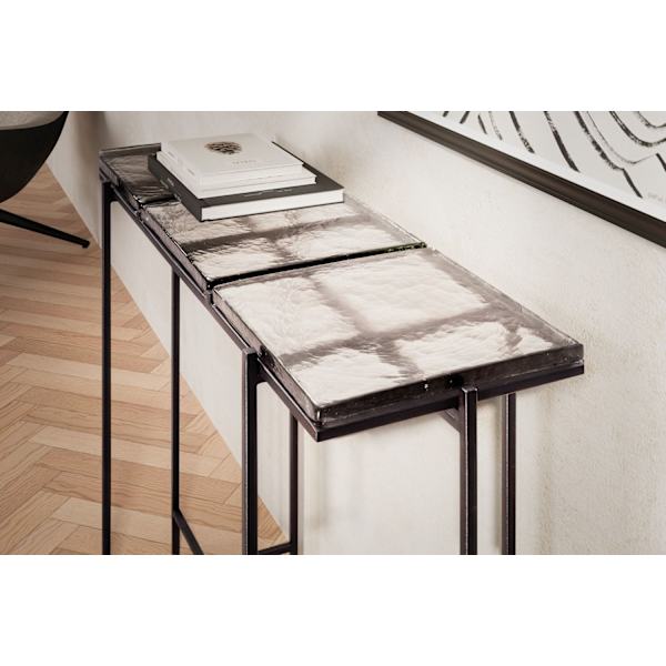 Rootz Modern Console Bord - Entrébord - Sofabord - Glasplade - Metalstel - Håndlavet - 90cm x 29cm x 85cm