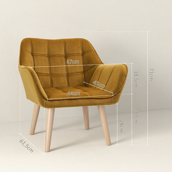 Rootz Velvet Lounge Chair - Scandi Style Accent Chair - Komfortabelt polstret - Gummitræben - Metalstel - Gul - 67 cm x 61,5 cm x 71 cm