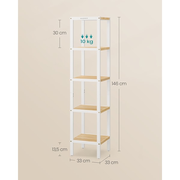 Rootz 5 -niveau badeværelse hylde - opbevaringsstativ - Organisering af stativ - Rumbesparende - Hvid, brun - 33 x 33 x 146 cm