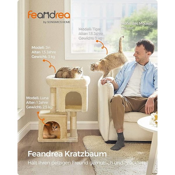 Rootz Cat Skrapstolpe - Kattträd - Kattklätterställning - Spånskivakonstruktion - Plyschöverdrag - Sisalrep - 40cm x 30cm x 67cm