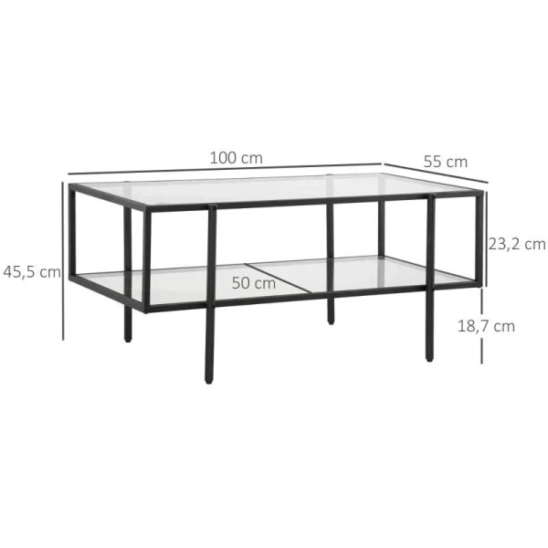Rootz Sofabord - Sidebord - Med glasplade - Bord - Med 3 hylder - Hærdet glas/stål - Gennemsigtig/Sort - 100 x 55 x 45,5 cm