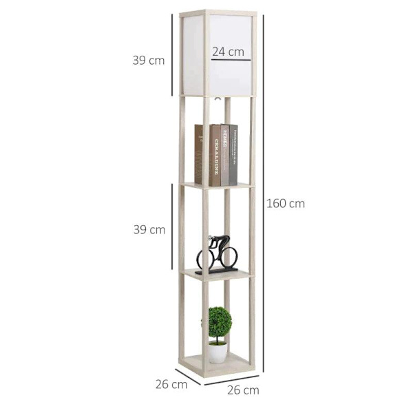 Rootz Gulvlampe - Ståhylde - 3 hylder - Indvendig belysning - Stuelampe - Eg/Hvid - 26 x 26 x 160 cm