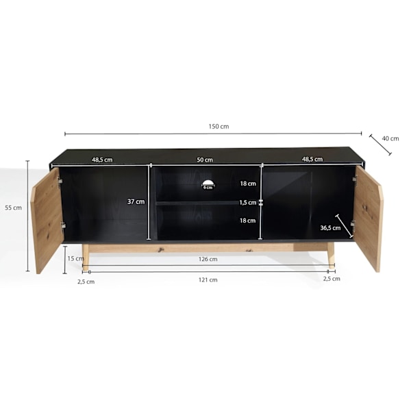 Rootz Lowboard TV Kaappi - TV lipasto - Viihdeyksikkö - Moderni musta tammi - Tilava säilytystila - Kaapelien hallinta - Lattian suojaus - 150cm x 40c
