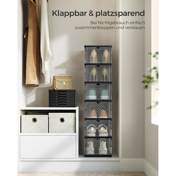 Rootzin taitettava kenkäkaappi, jossa 6 laatikkoa - Kengänjärjestin - Läpinäkyvällä musteella - Musta - PP- ja PS-muovi - 35,5 cm x 25,5 cm x 105 cm