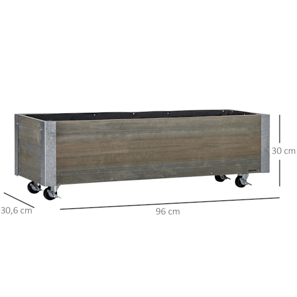 Rootz -plante på ruller - rektangulær planter - havearbejdebakke - massivt træ metal - kunstvanding og dræning - 96 cm x 30,6 cm x 30 cm