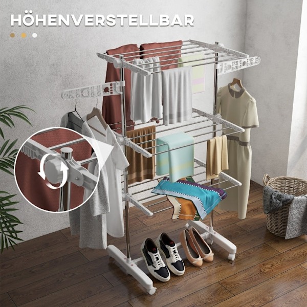 Rootz 3-lags foldbar mobil tøjlufter - Tørretumbler - Tørrestativ - Maksimal alsidighed - Pladsbesparende design - Nem mobilitet - 142L x 55W x 152H c