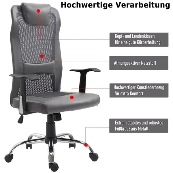 Rootz Kontorstol Executive - Grå - Skum, Læder, Metal - 25,59 cm x 23,94 cm x 48,03 cm