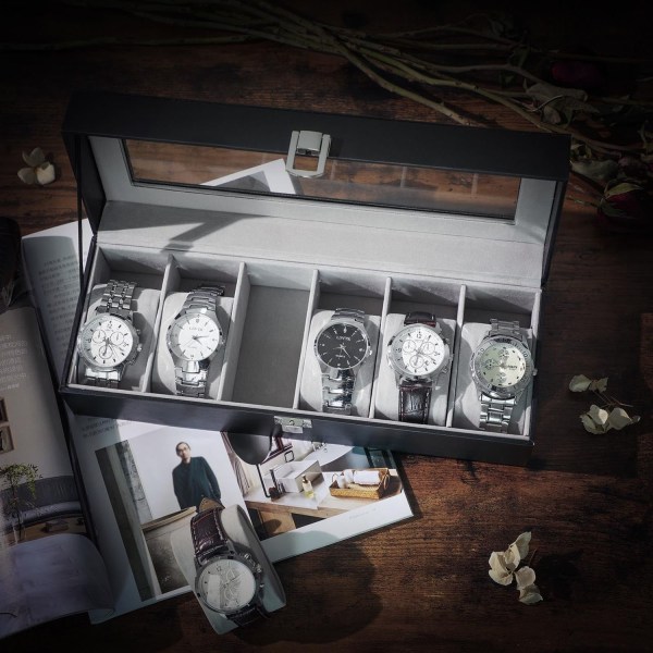 Rootz Watch Box - Klockorganisator - Klockförvaring - Sammetsfoder - Glaslock - Perfekt presentidé - 30 cm x 11,2 cm x 8 cm
