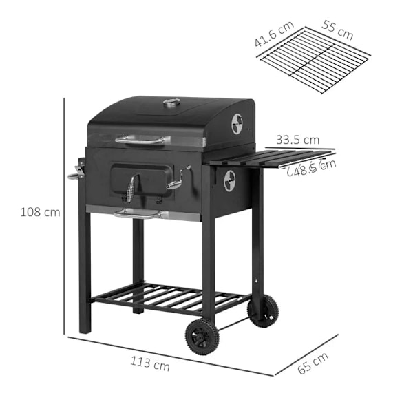 Rootz Charcoal Grill Smoker - BBQ Smoker - 1 Hylla - 1 Handduksställ - 2 Grillgaller - Raffinerad design - Rostfritt stål+metall - Svart - 113cm x 65c