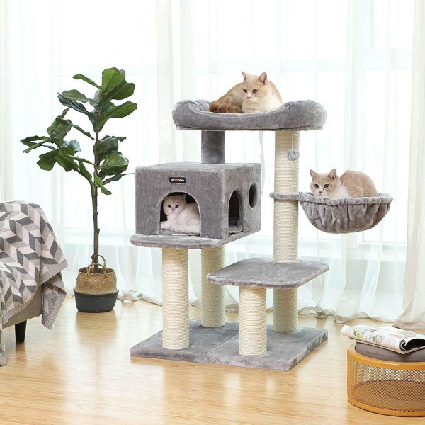 Rootz Cat Tower - Justerbart kattträd - Katthus - Skrapstolpe - Grå - 70 x 60 x 112 cm