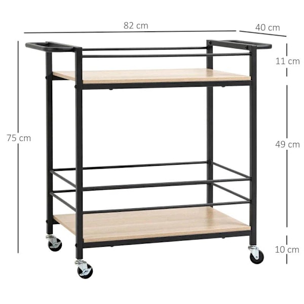 Rootz Køkkenvogn - Serveringsvogn med 2 hylder - Gelænder - Stål - Sort + Træ - 82 x 40 x 75cm