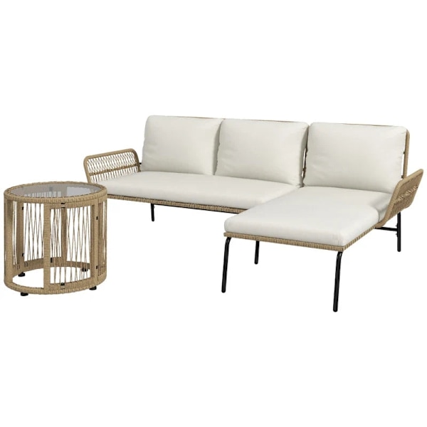 Rootz Havesiddegruppe - Loungemøbelsæt - Liggestol - Glasplade - PE Rattan - Naturlig + Cremehvid - 122 x 79 x 75 cm