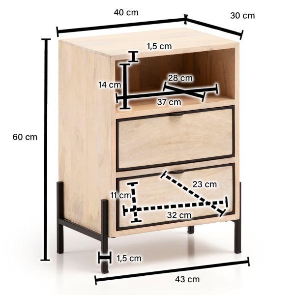 Rootz Modern Sengebord - Natbord - Endebord - Metal og træ - 43 cm x 60 cm x 30 cm - Håndlavet - Unikt design - Skuffe og rum - Lysebrun og sort - 5 k