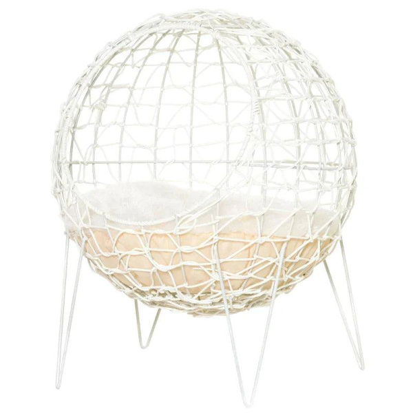 Rootz Rattan Kattekurv - Kattehule - Kattehytte - Katteseng med pude - Forhøjet design - Dyreseng - Cremehvid - Ø45 x 57H cm