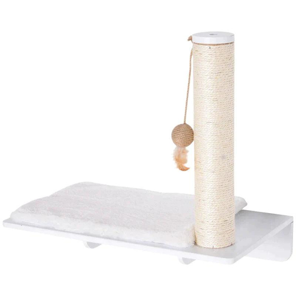 Rootz Skrapstolpe - Kattstol - Katthylla - Plyschdyna - Liggstol med skrapa - Vit - 55 x 30 x 50 cm