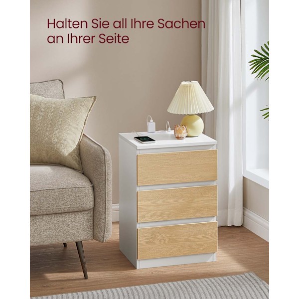 Rootz -sängyn pöytä 2 Laatikon asetettu - Yöpöytä - Bedside -kaappi - Latausasema - 35 cm x 40 cm x 59cm - valkoinen ja ruskea
