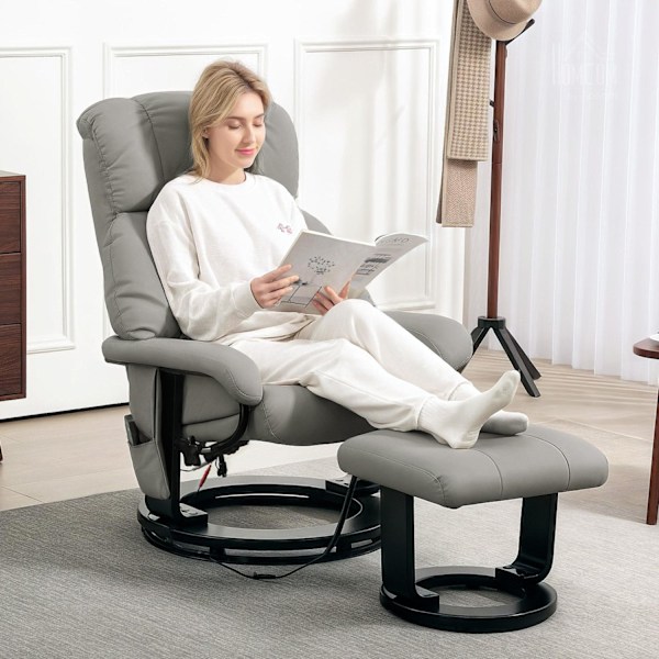 Rootz Relax Massage Armchair - TV RECLINER - Let stol - 10 vibrationstilstande - 76 cm x 80 cm x 102 cm - Grå syntetisk læder