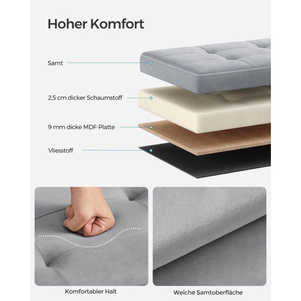 Rootz Dove Grey Velvet Seat Chest - Förvaring Ottoman - Stoppad bänk - MDF-konstruktion - 38cm x 76cm x 38cm - 5,6kg - 300kg Kapacitet - 89L Lagring