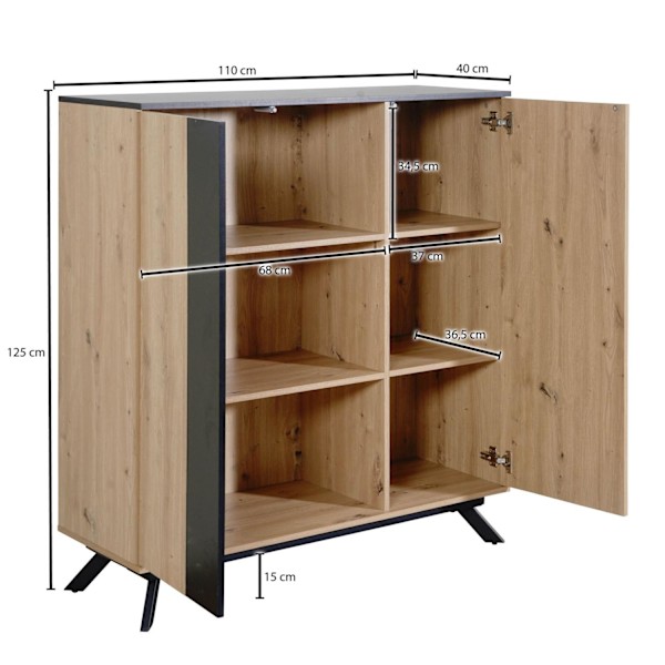 Rootz highboard 110x125x40 cm MDF-skänk i ekdekor - svart - byrå med 2 dörrar - Byrå med hylla - Hallskåp modernt - Fristående skänk med metallben