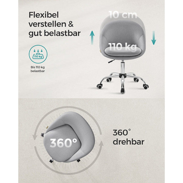 Rootz pyörivä tuoli harmaa - teräsrunko - puuvilla-pellava - pyörivät pyörät - 28kg/m3 vaahto - säädettävä korkeus - 60cm x 60cm x (80-90cm)