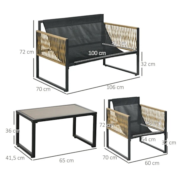 Rootz Havemøbelsæt - 4 stk - Sofa - 2 Stole - Bord - Glasplade - Sædehynder - PE Rattan-polyester-stål - Antracit-brun - 106 x 70D x 72H cm