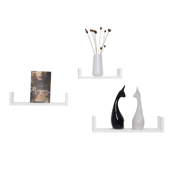 Rootz væghylder - U-formet display - Hængende reol - Dekorativ opbevaring - Vægtavlesæt - Flydende afsatser - Hvid - 26x9,7x6cm, 34x9,7x7,5cm, 42x9,7x