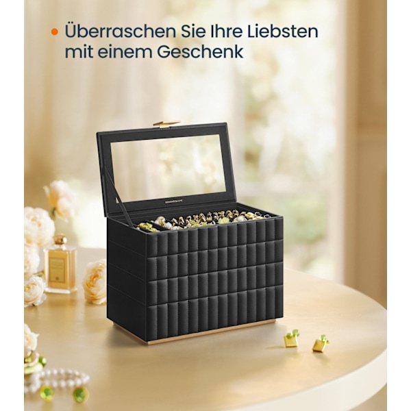 Rootz smyckeskrin med spegel - Förvaringslåda - Organizer - Bläcksvart - 17cm x 28cm x 20,5cm - PU syntetiskt läder - MDF - Sammet - Metall - Glas