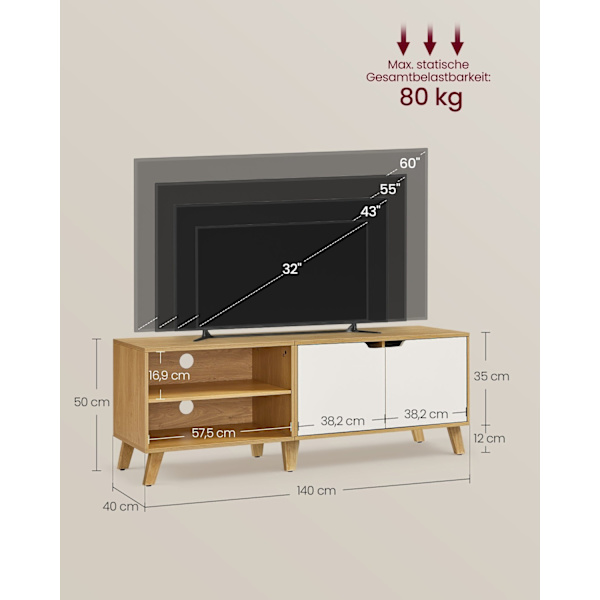 Rootz TV-kaappi 140cm Natural Oak-Cream White - Vintage Ruskea - Lastulevy - 140cm x 40cm x 50cm - 26,8kg - 80kg Kapasiteetti