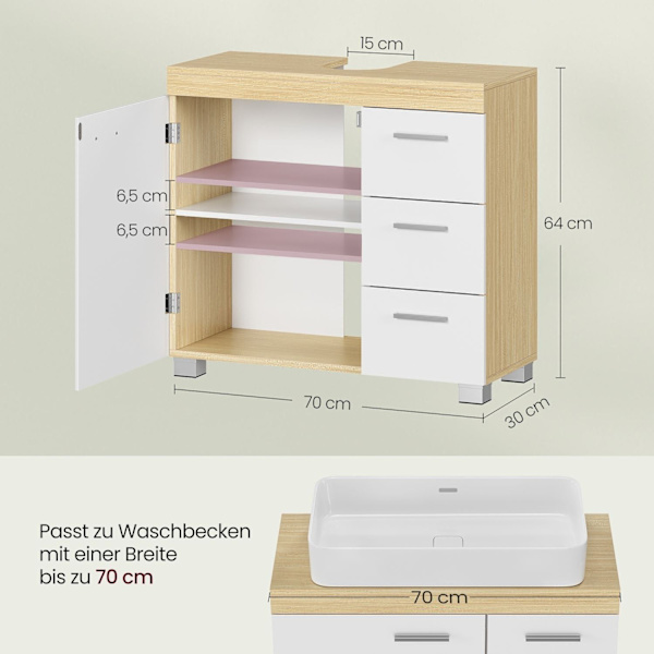 Rootz MDF vask underskab - Badeværelsesvask - Opbevaringsenhed - Cloud White-Natural Beige - Medium Density Fiberboard - 30cm x 70cm x 64cm - 20cm x 1