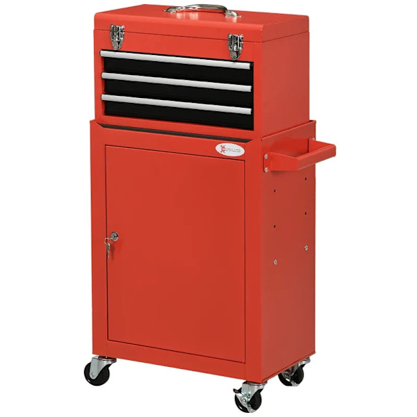 Rootz 2-i-1 verktygsvagn - Mobil vagn - Verktygsskåp - 3 lådor - Verktygstavla - Stålhus - Röd - 46L x 28W x 94H cm