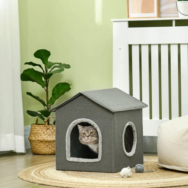 Rootz Cat Cave med kudde - Kattsäng - Resesäng för husdjur - Tvättbar kudde - MDF - Imitation av linne - Khakigrön - 39cm x 43,5cm x 40,5cm