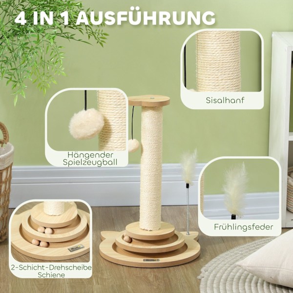 Rootz Cat Scratching Post - Sisal Scratch Tower - Play Ball Track - Underholdende 4 -i -1 design - 32 cm x 32 cm x 49 cm