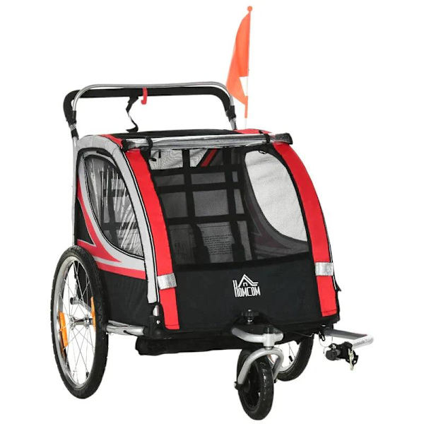 Rootz Cykelvagn för barn - 2 i 1 barnvagn - Cykelsläp för barn - 2-sits transporthållare - Med dragkoppling - Röd/Svart - 142 x 75 x 101 cm