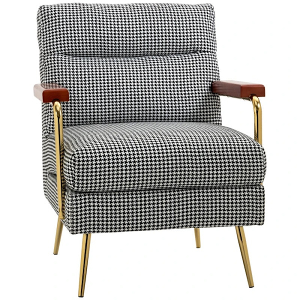 Rootz Fåtölj - Retrodesign - Accentstol - Hundtandsmönster - Linnepolyester - Träelement - Fjäderkärna - Svart + Vit - 72L x 81,5W x 87,5H cm