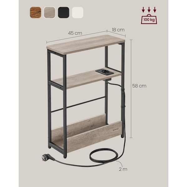 Rootz sengebord med stikkontakt - Natbord - Endebord - Spånplade og stål - Greige-farvet blæk Sort - 18 cm x 45 cm x 58 cm - 4,4 kg - 100 kg Belastnin