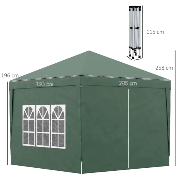 Rootz Camping Gazebo - Bryllupsfest - Baldakintelttelt - Pop Up Gazebo - Bæretaske - Vinduer - Stålramme - Grøn - 2,95 x 2,95 m x 2,58 m