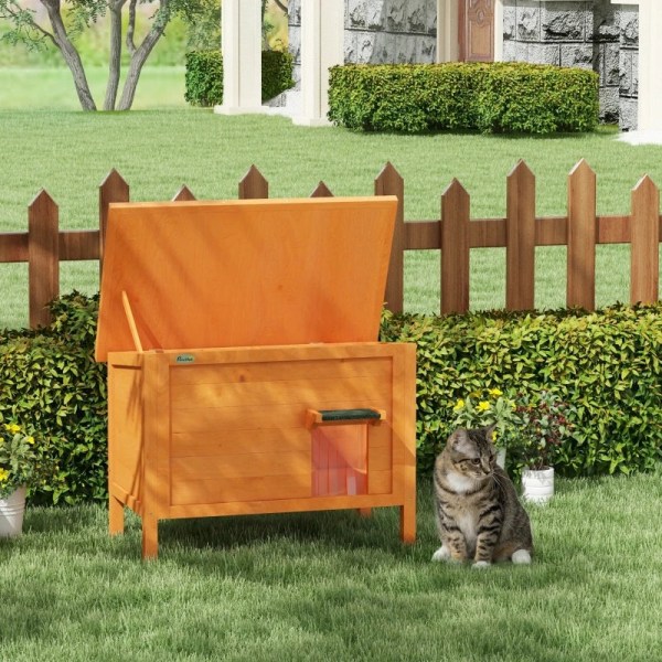 Rootz Cat House - Utomhus katthus - Väderbeständigt - 1 fönster - 1 ingång - Gran Wood - Orange + Grön - 85 x 50 x 68,5 cm