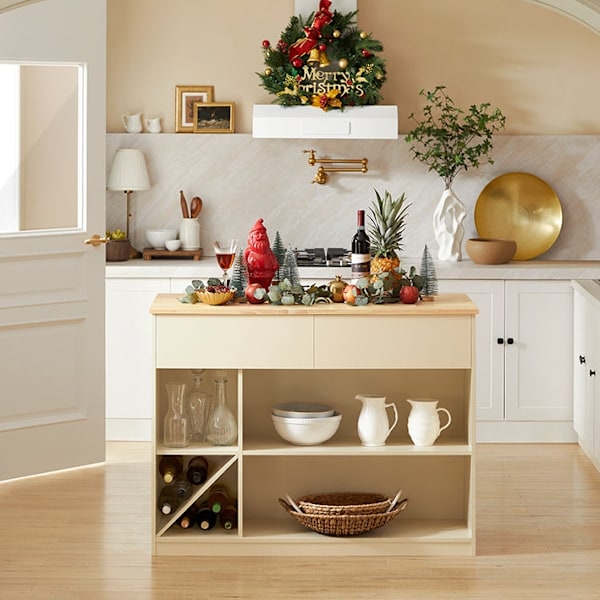 Rootz Modern Kitchen Island - Skænk - Buffetskab - MDF og gummitræ - Rummelig opbevaring med 5 rum og 2 skuffer - Opbevaring af vinflasker - 120 cm x