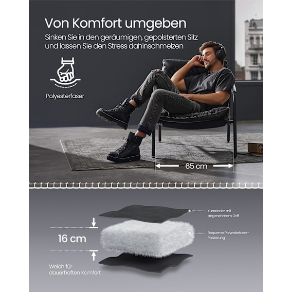 Rootz Ink Black Lounge Chair - Fåtölj - Vadderad sits - Stålram - Polyesterfiber - PU syntetiskt läder - Lätt - Robust - Bekväm - 90 cm x 74,2 cm x 90