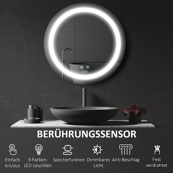 Rootz LED badeværelsesspejl - Vægmonteret makeupspejl - Rundt makeupspejl - Justerbar lysstyrke - Anti-dug - 50 cm x 4,6 cm