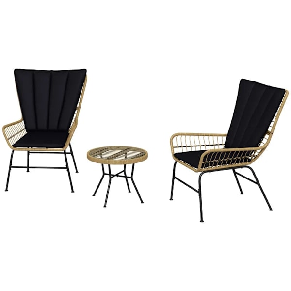 Rootz Havemøbelsæt - Bistrosæt - Boho Style - Balkonmøbler - Vejrbestandigt - Sofabord - Sædehynder - Stålrør-pe-rattan - Naturligt træ-sort - 78 x 68